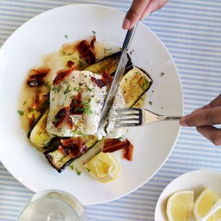 Cod with Courgettes, Crispy Pancetta and Dill