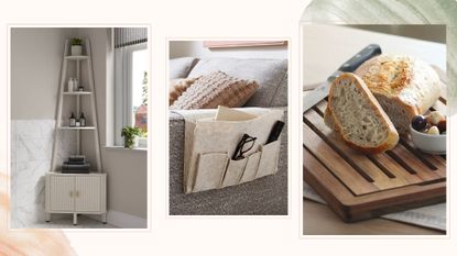 compilation image of new Dunelm Spring collection showing a corner storage unit, a remote control tidy and a crumb-catching chopping board