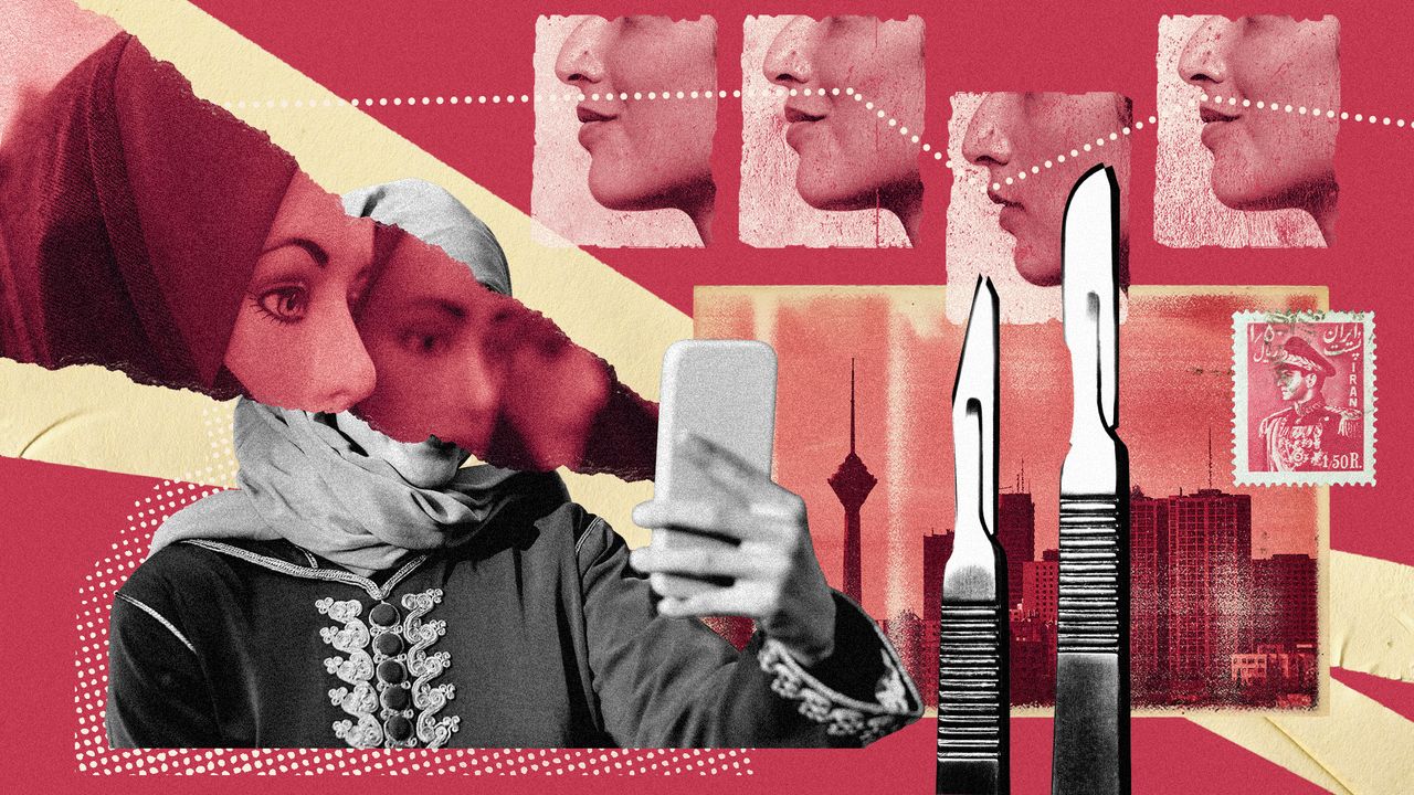 Photo collage of an Iranian woman looking at her phone, with mannequins, scalpels, and close-ups of women&#039;s noses in a row. In the background, there is a photo of Tehran. 