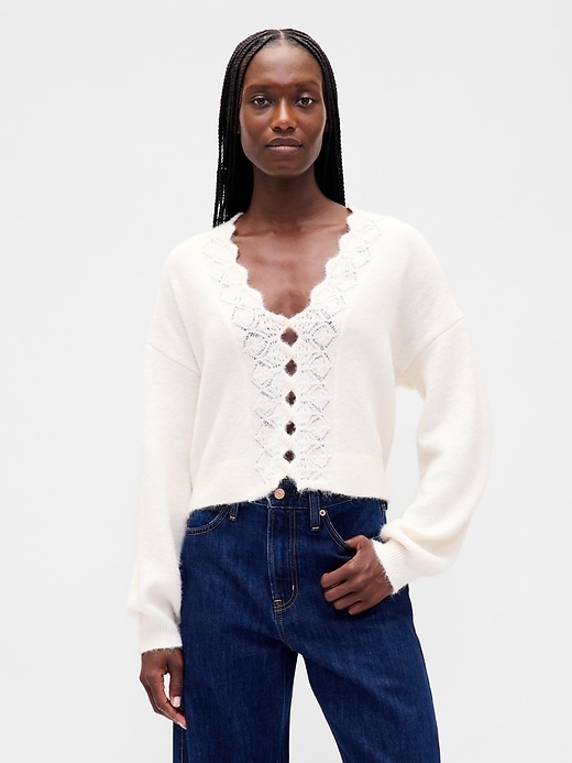Fuzzy Pointelle Scalloped Crop Cardigan
