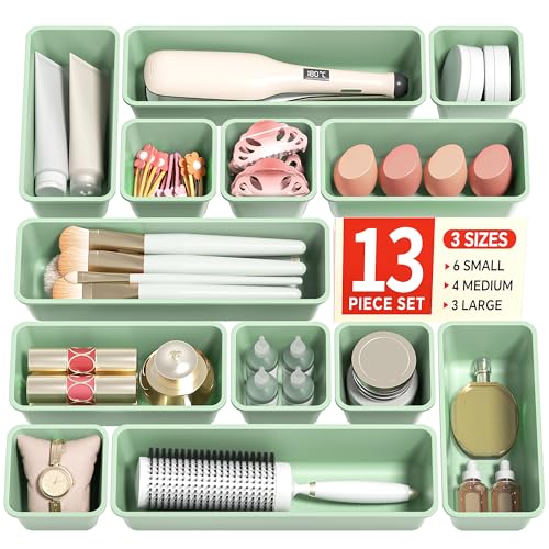 Canfanni 13 Pack Plastic Drawer Organizers Set, 3 Sizes Desk Drawer Organizer Trays for Vanity and Makeup Organizer, Organization and Storage for Makeup, Kitchen Utensils, Bathroom and Office(green)