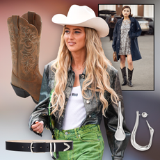 product collage of fashion week attendee wearing cowboy hat and leather jacket, attendee wearing silver sequin dress, navy jacket, and black cowboy boots, with images of brown cowboy boots, black belt, silver hoops on dark grey and red gradient background 