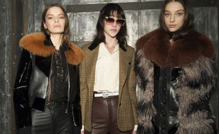 Models wearing leather jacket with skirt and fur, plad jacket with brown leather skirt, further coat with leather jumpsuit