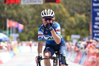 WILLUNGA HILL AUSTRALIA JANUARY 14 Sarah Gigante of Australia and AG Insurance Soudal Team celebrates at finish line as stage winner during the 8th Santos Womens Tour Down Under 2024 Stage 3 a 934km stage from Adelaide to Willunga Hill 370m UCIWWT on January 14 2024 in Willunga Hill Australia Photo by Tim de WaeleGetty Images