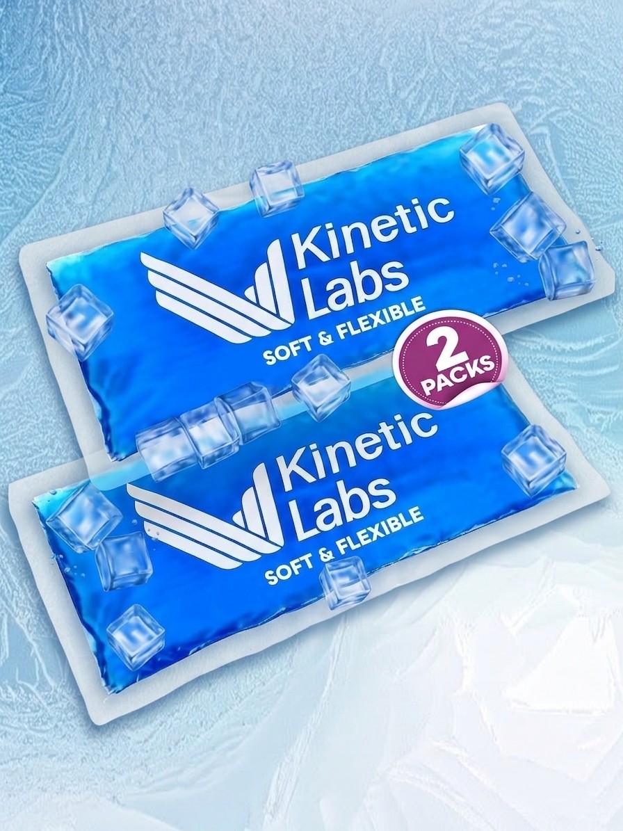 A two pack of Kinetic Labs Gel Ice Packs against a blue icy background edited by Gemini