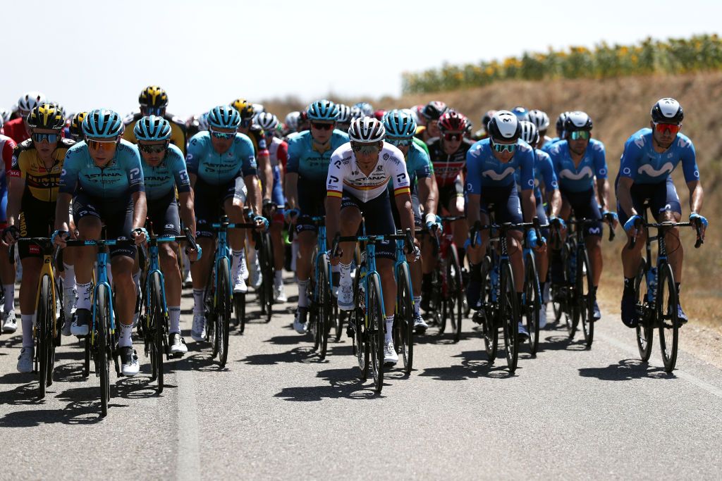 BURGOS SPAIN AUGUST 15 LR Yuriy Natarov of Kazahkstan and Omar Fraile Matarranz of Spain and Team Astana Premier Tech during the 76th Tour of Spain 2021 Stage 2 a 1667km stage from Caleruega Monasterio de Santo Domingo de Guzmn to Burgos Gamonal lavuelta LaVuelta21 CapitalMundialdelCiclismo on August 15 2021 in Burgos Spain Photo by Gonzalo Arroyo MorenoGetty Images
