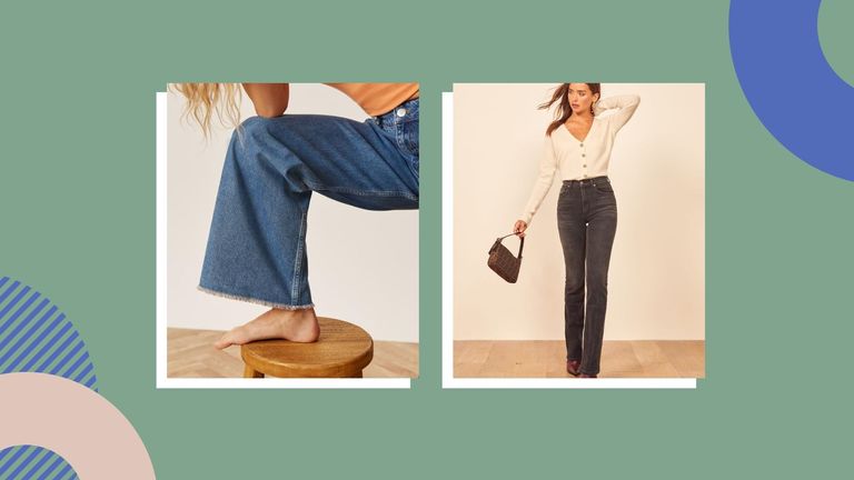 Two women wearing our picks of the longest lasting jeans. Their photos are overlaid onto a green background with blue, peach and purple circle graphics overlaid