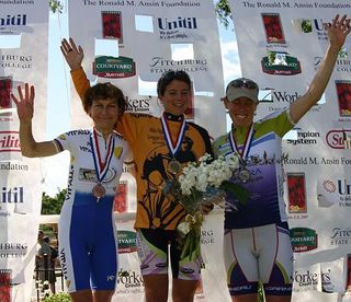 The pro women's general classification podium (l-r): Jeannie Longo-Ciprelli, Evelyn Stevens and Alison Powers