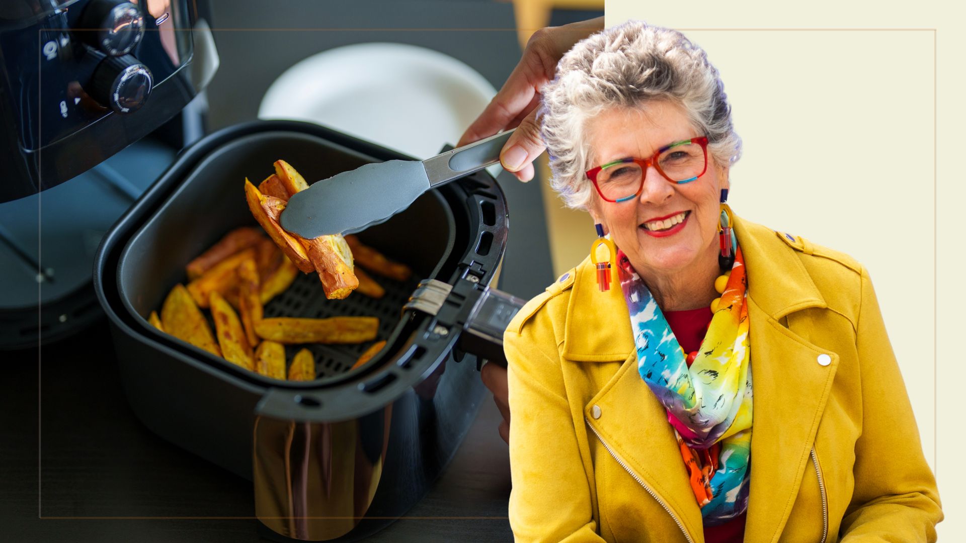 composite of air fryer being used with an overlay cut out of Prue Leith