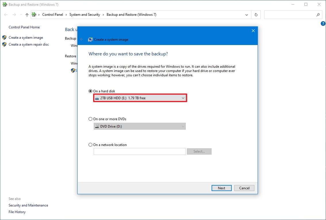 Windows 10 выберите место для резервного копирования