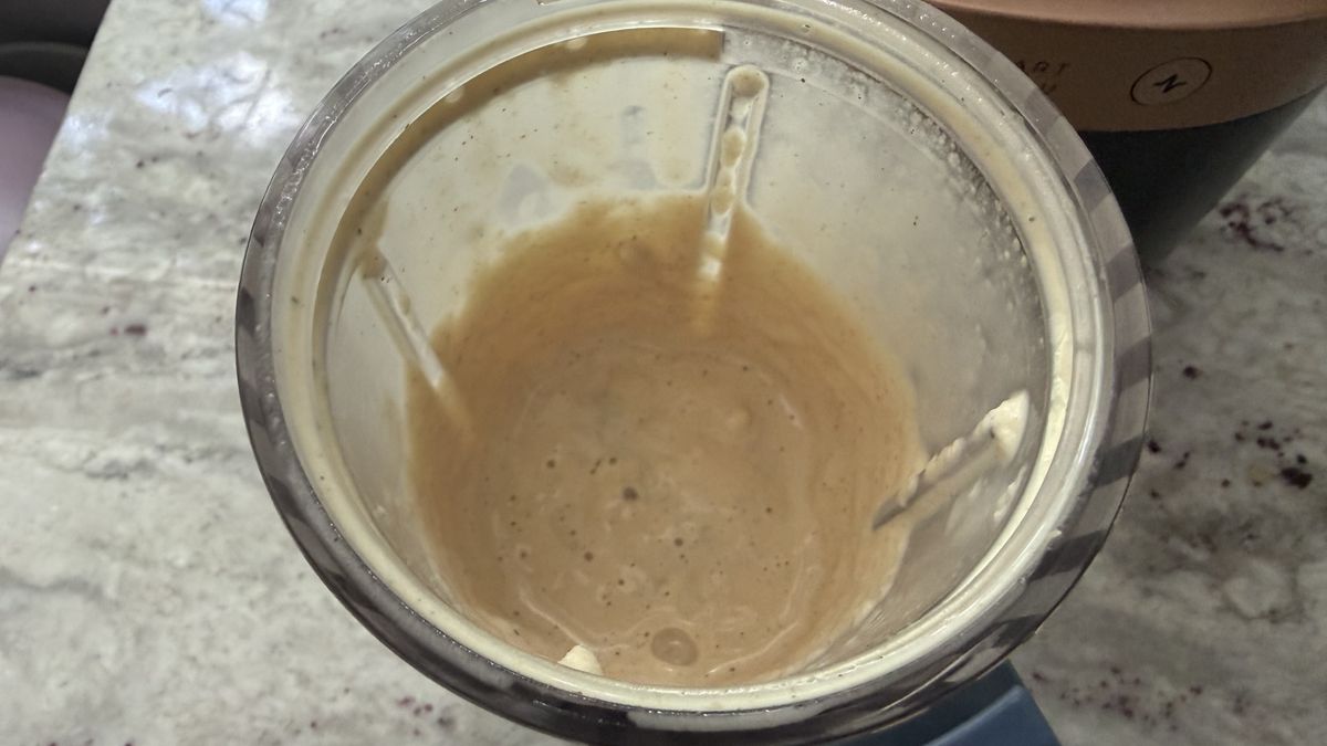 Ninja CrushBOSS making banana peanut butter smoothie