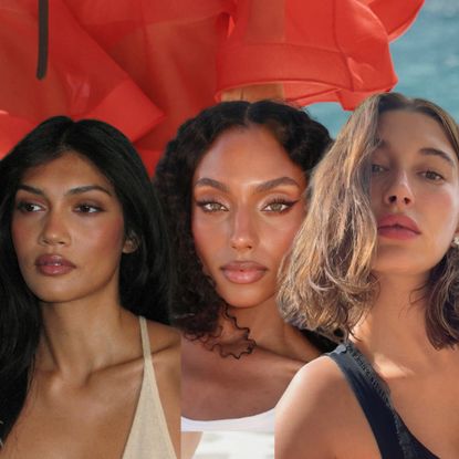 three women with glowing, tan makeup on a blue and red background