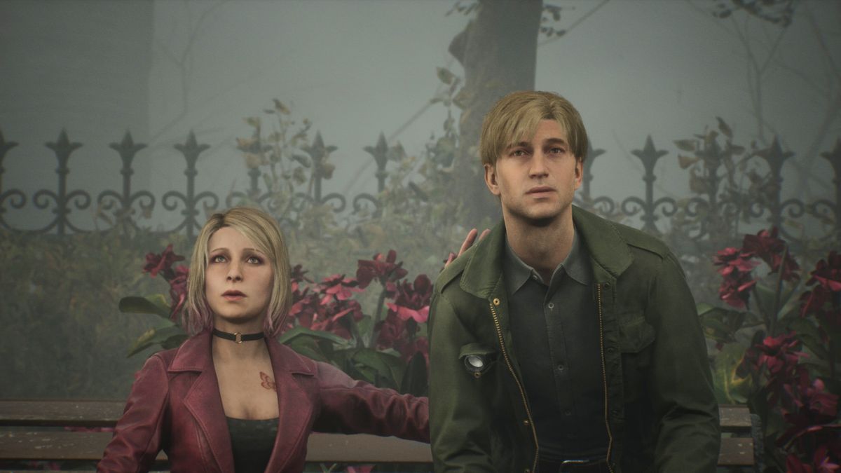 James and Maria sitting on a bench in Silent Hill 2