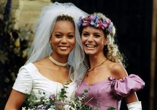 Bride Fiona (Angela Griffin) and bridesmaid Maxine (Tracy Shaw) were all smiles on Fiona's big day, but it didn't go to plan! Picture: PA Archive/PA Images