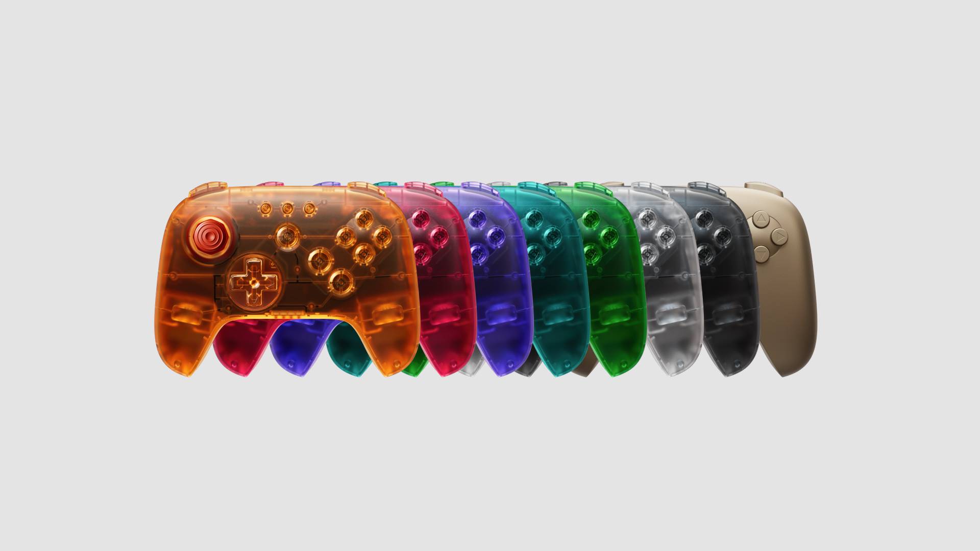 8BitDo N64 Funtastic controller range lined up in a row.