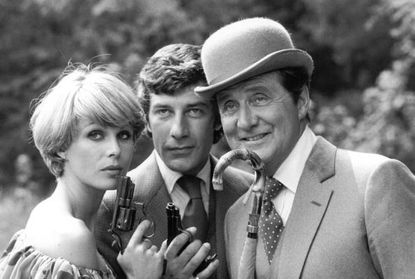 Patrick Macnee, right, with his The Avengers co-stars.