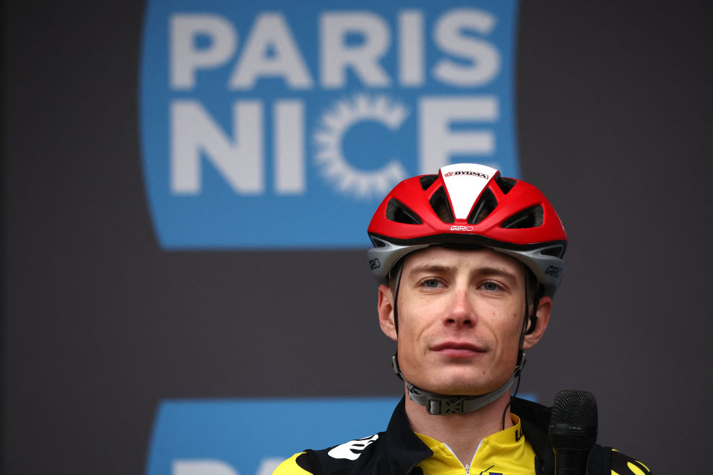 Team Visma-Lease a Bike's Danish rider Jonas Vingegaard reacts prior to the start of the 5th stage of the Paris-Nice cycling race, 203,3 km between Saint-Just-en-Chevalet and La Côte-Saint-André, on March 13, 2025. (Photo by Anne-Christine POUJOULAT / AFP)