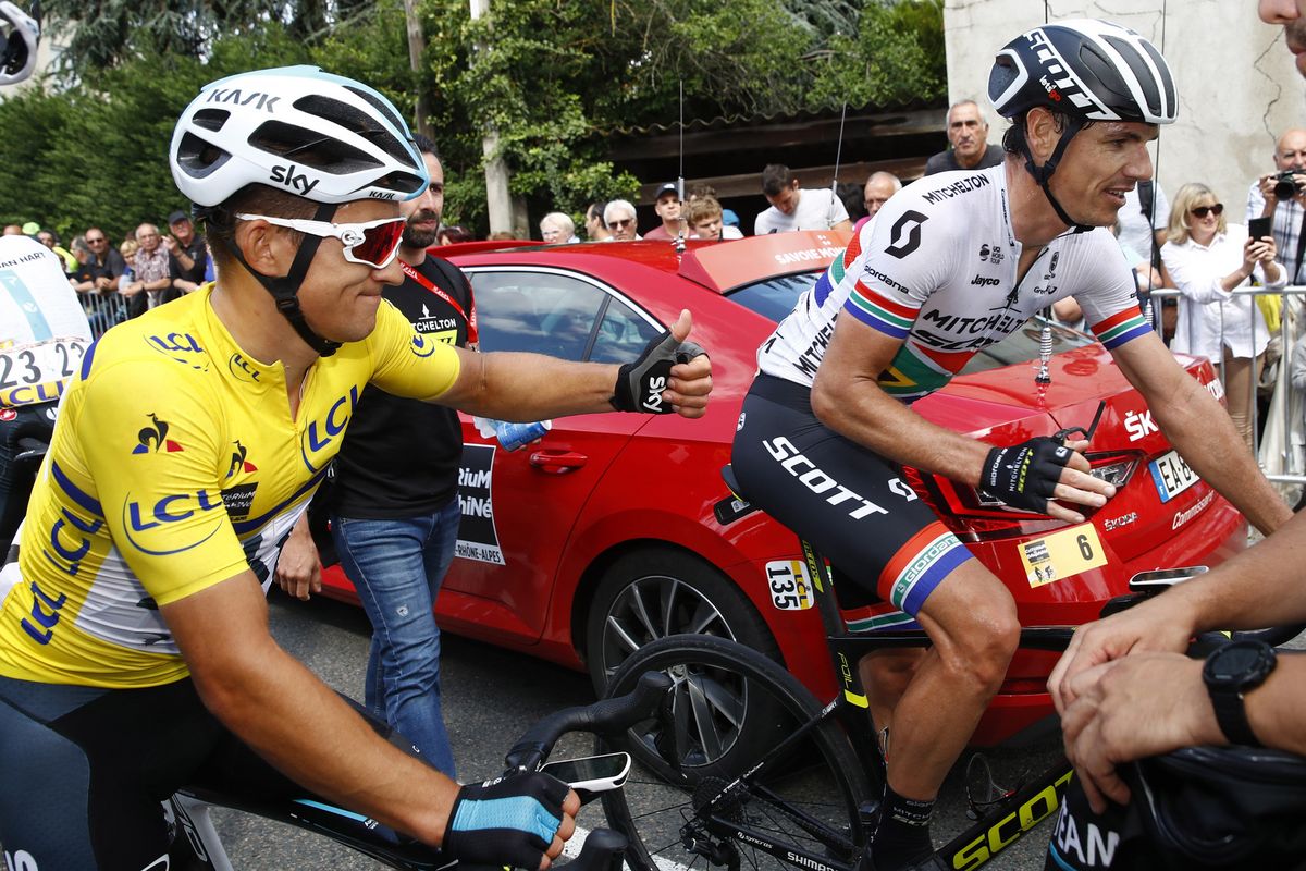Michal Kwiatkowski congratulations stage winner Daryl Impey