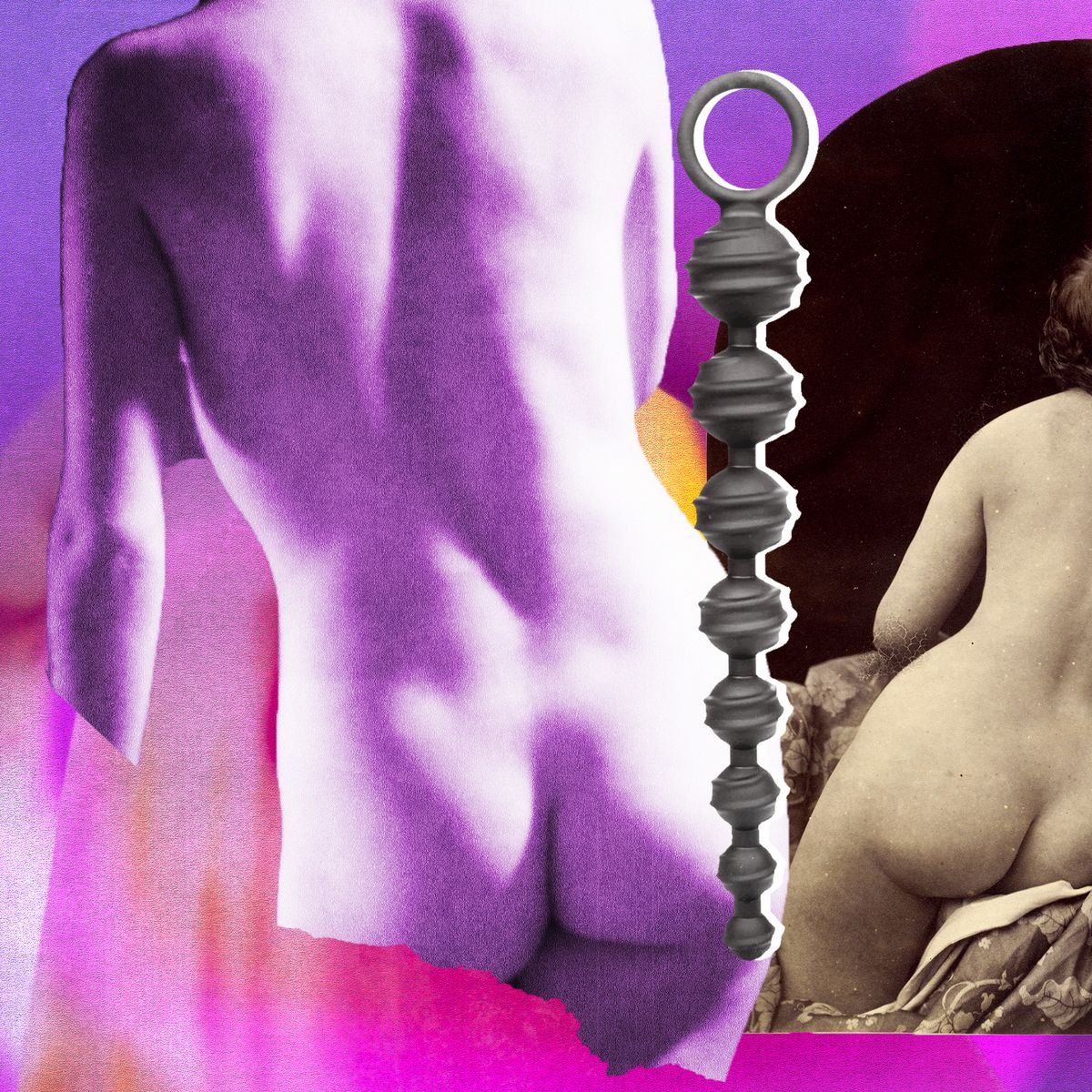 collage of female form with anal bead vibrator