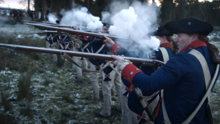 soldiers fire guns in the revolutionary war on outlander