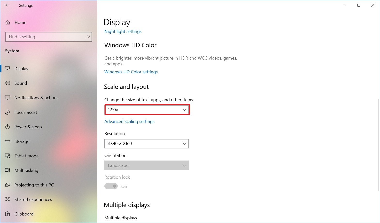 Windows 10 scaling settings