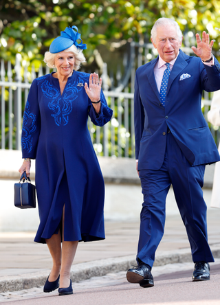 Camilla, Queen Consort, King Charles III, Princess Anne, Princess Royal and Prince Andrew, Duke of York attend the traditional Easter Sunday Mattins Service at St George's Chapel, Windsor Castle on April 9, 2023 in Windsor, England