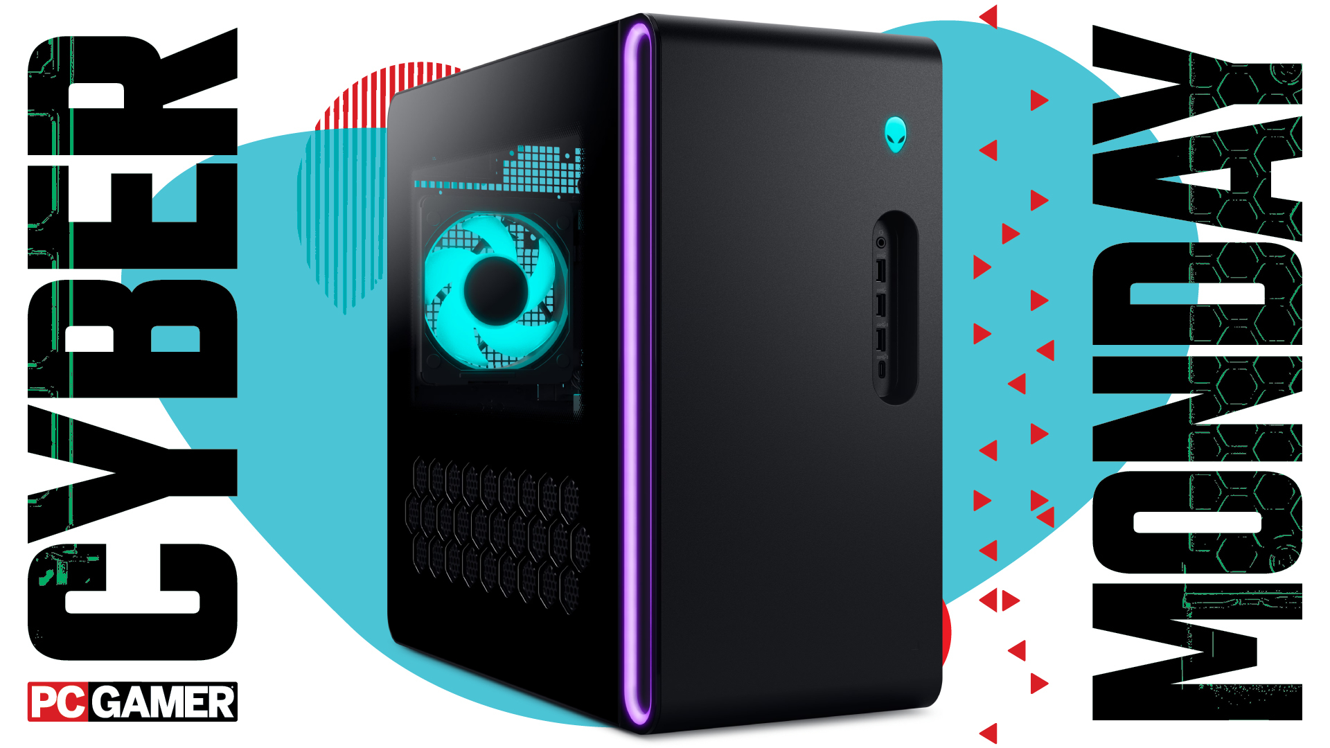 An Alienware Aurora gaming PC on a blue and red Cyber Monday background
