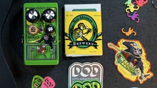 The DOD Badder Monkey is a redux take on the DigiTech Bad Monkey overdrive, but it adds two all-new circuits, plus a wooden barrel knob for blending them. It is painted green and has an illustration of a chimpanzee on the front of the pedal, which is an ape, not a monkey.