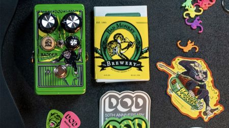 The DOD Badder Monkey is a redux take on the DigiTech Bad Monkey overdrive, but it adds two all-new circuits, plus a wooden barrel knob for blending them. It is painted green and has an illustration of a chimpanzee on the front of the pedal, which is an ape, not a monkey.