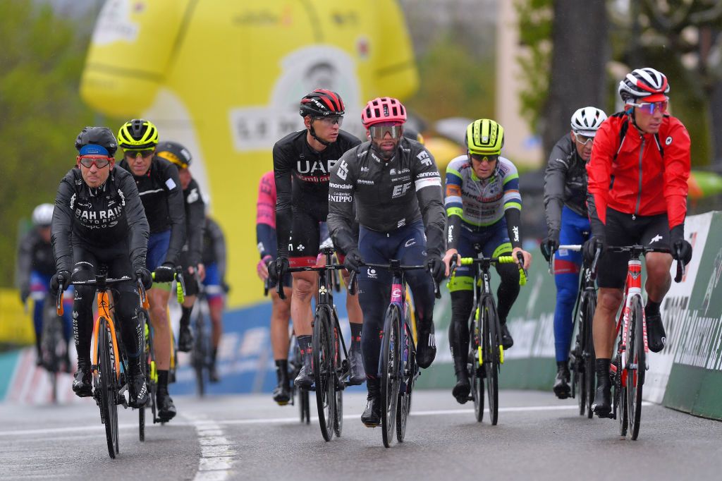 ESTAVAYER SWITZERLAND APRIL 30 Hermann Pernsteiner of Austria and Team Bahrain Victorious Julien El Fares of France and Team EF Education Nippo at arrival during the 74th Tour De Romandie 2021 Stage 3 a 1687km stage from Estavayer to Estavayer TDR2021 TDRnonstop UCIworldtour on April 30 2021 in Estavayer Switzerland Photo by Luc ClaessenGetty Images