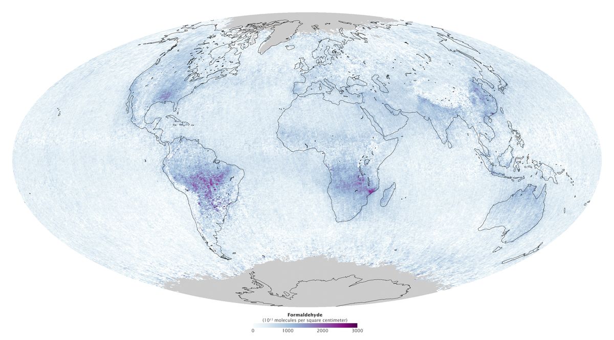 A map of the globe reveals formaldehyde gas in the atmosphere from fires and forest hydrocarbon emissions in September 2013. 