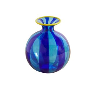 A blue striped glass vase
