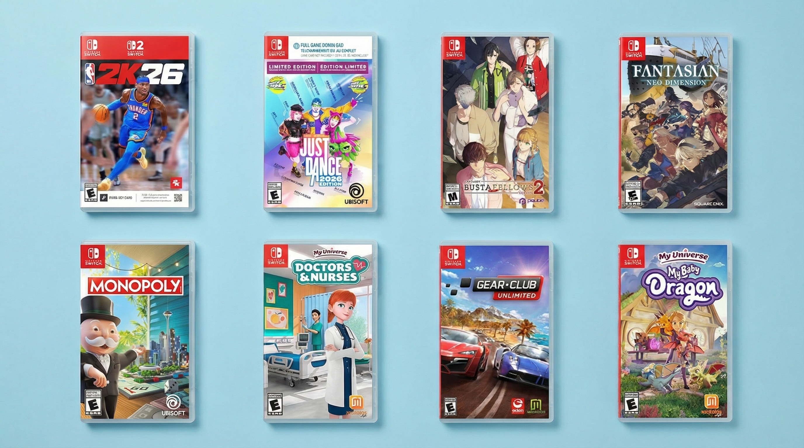 8 Nintendo Switch games on a blue background