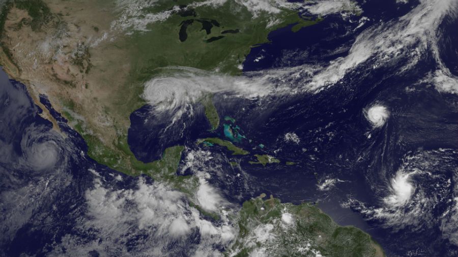 Four tropical storms and hurricanes in satellite image.