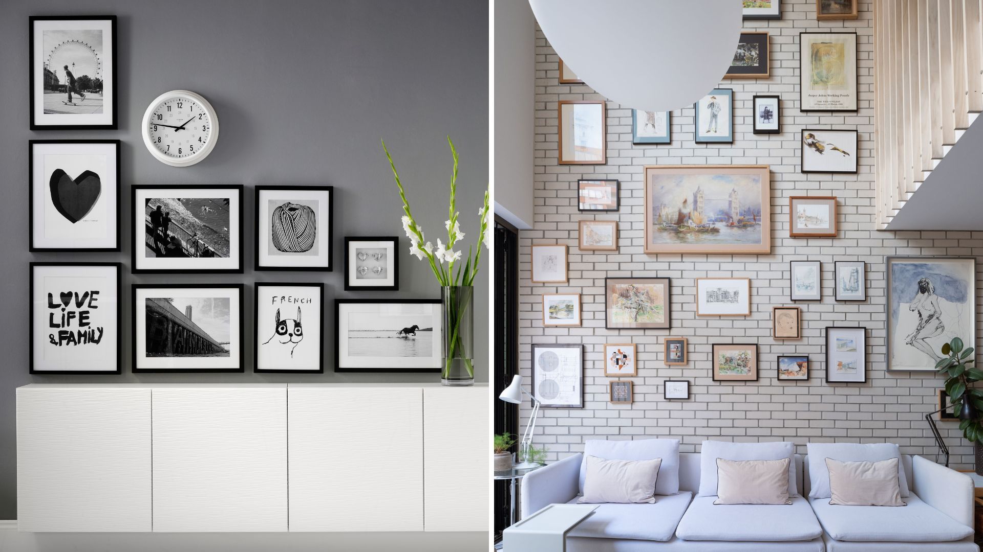 gallery walls showing the outdated interior design trends 2023 of trend-led posters verses sentimental artwork