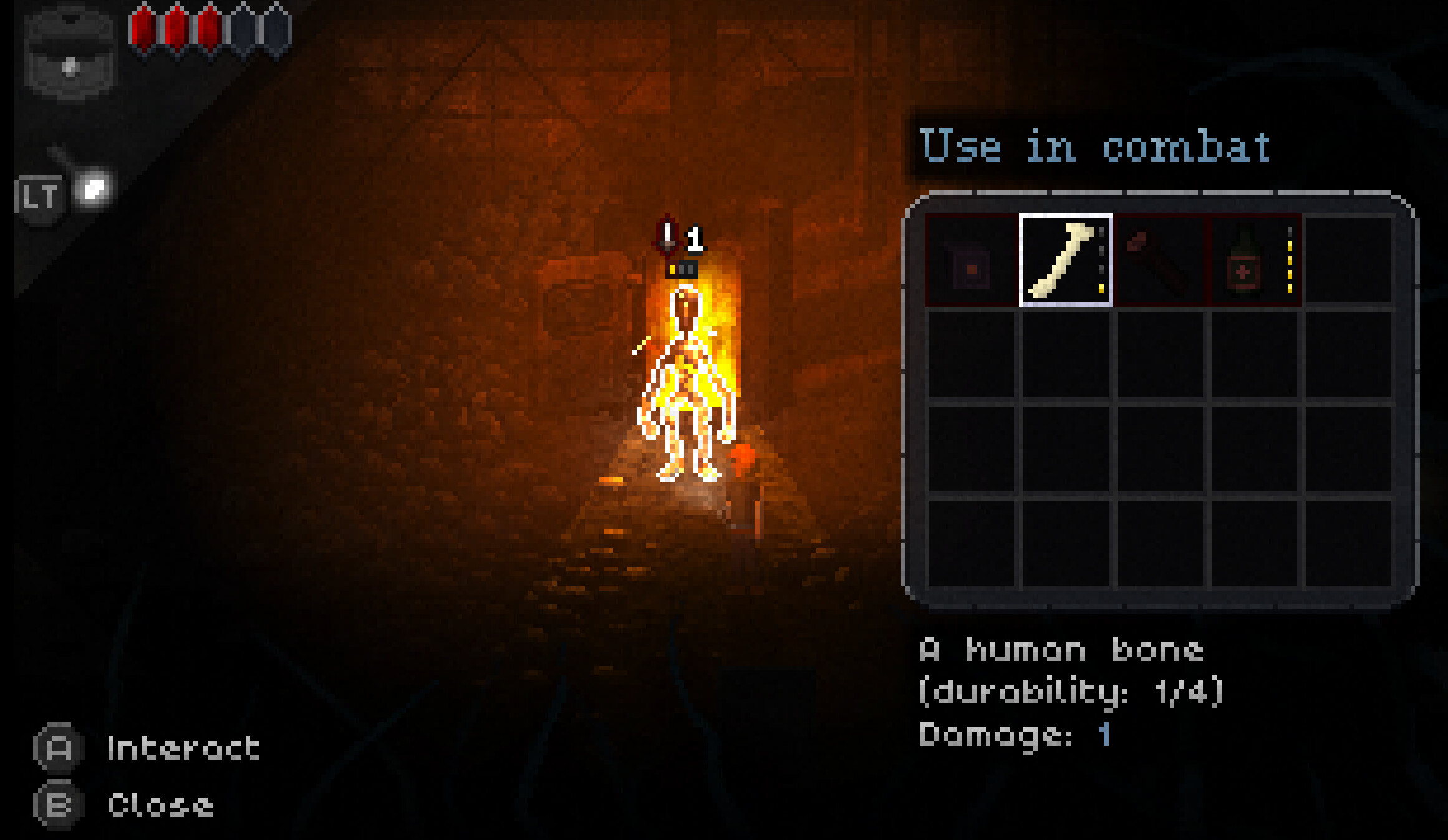 Deep Sleep: Labyrinth of the Forsaken screenshot of a combat encounter against a fire-engulfed enemy, with a human bone used as a weapon