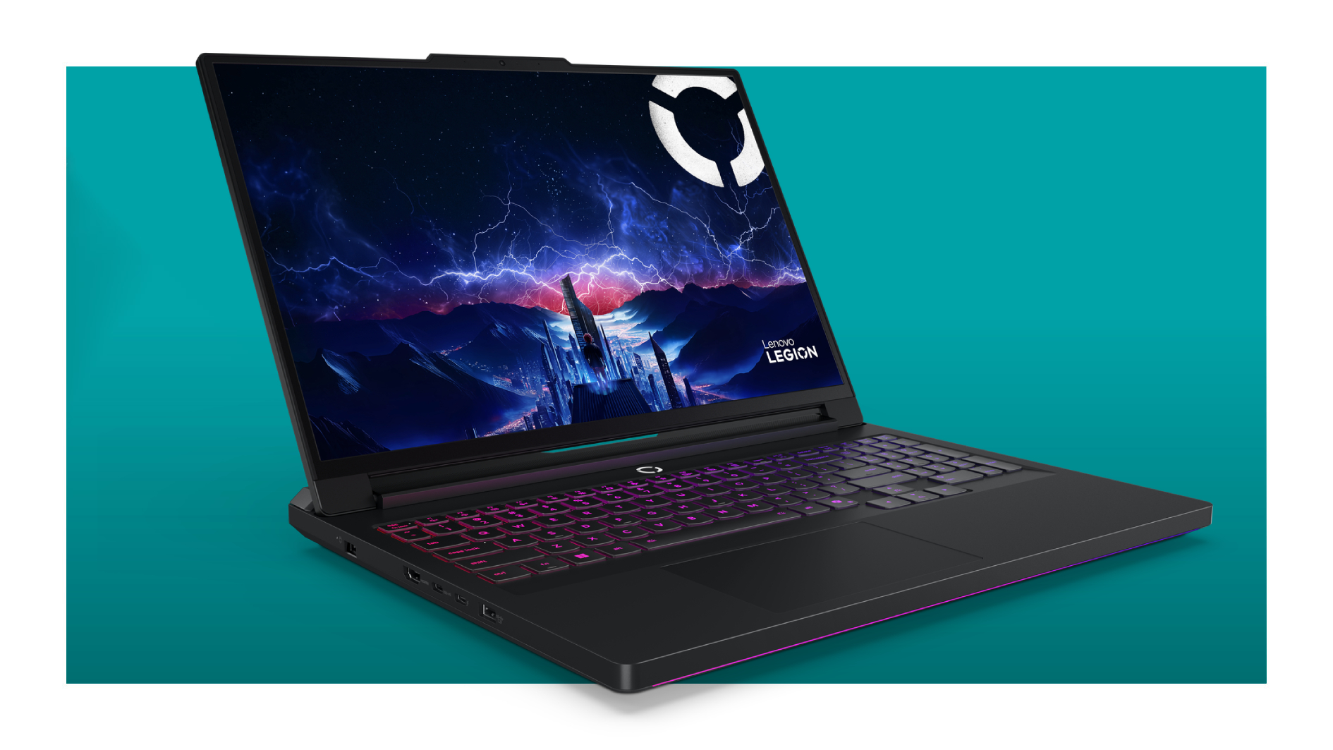 The Lenovo Legion Pro 7i Gen 10 gaming laptop on a teal deals background, with its keyboard lit in pink