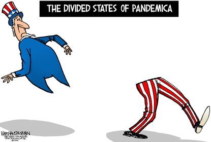 Political Cartoon U.S. Pandemic Division Partisanship Coronavirus COVID-19