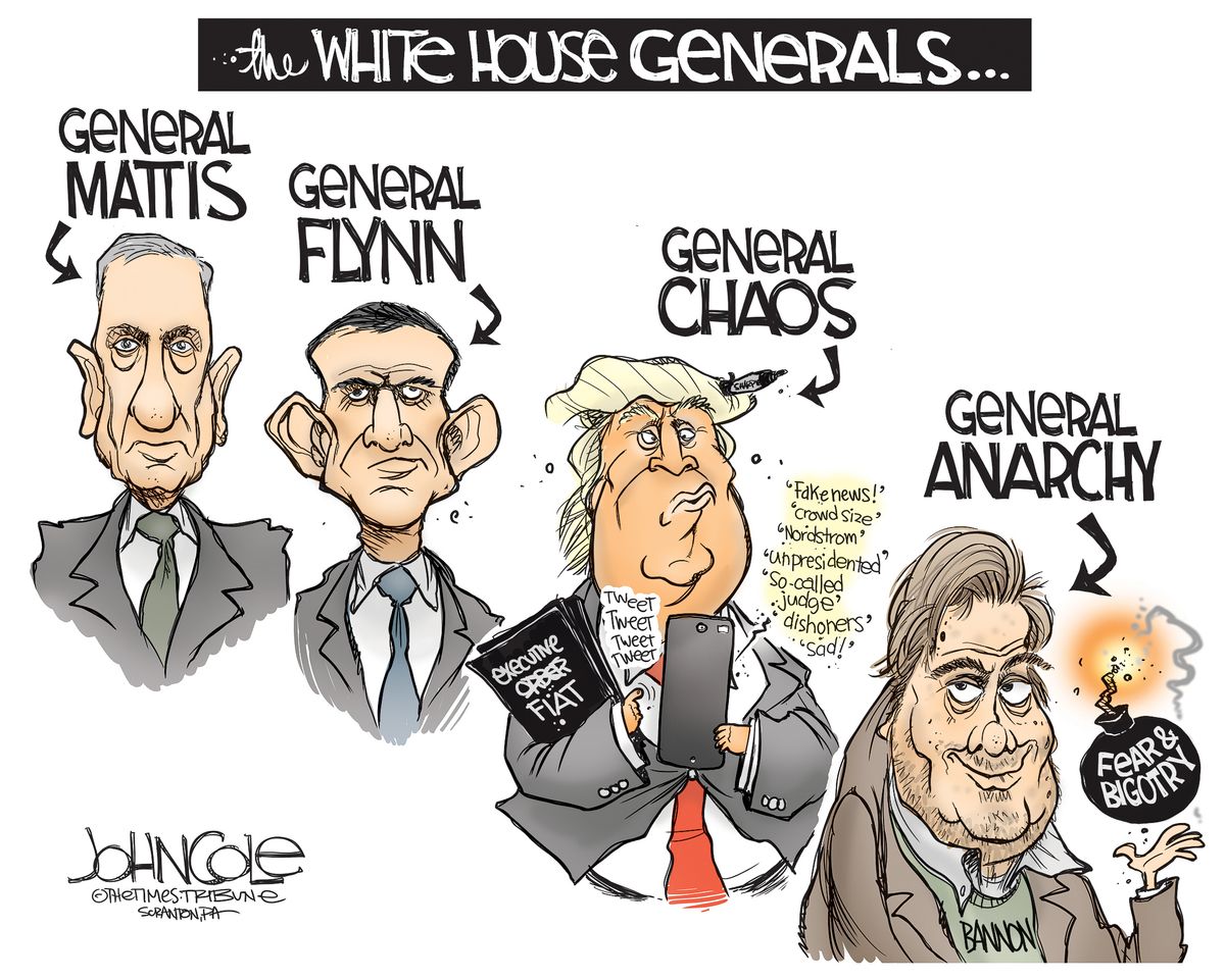 Political Cartoon U.S. White House General Mattis General Flynn Trump ...