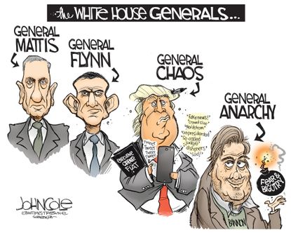 Political Cartoon U.S. White House General Mattis General Flynn Trump Bannon