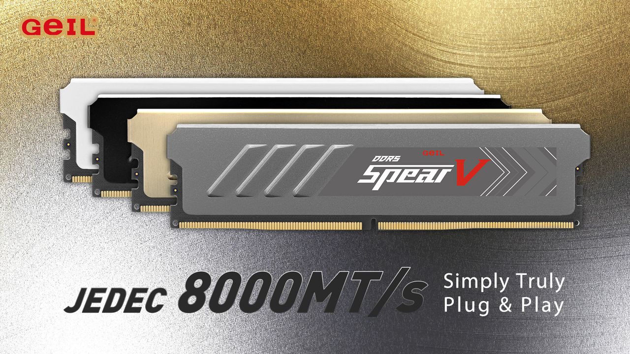A promotional image of a Geil Spear V DDR5 memory kit