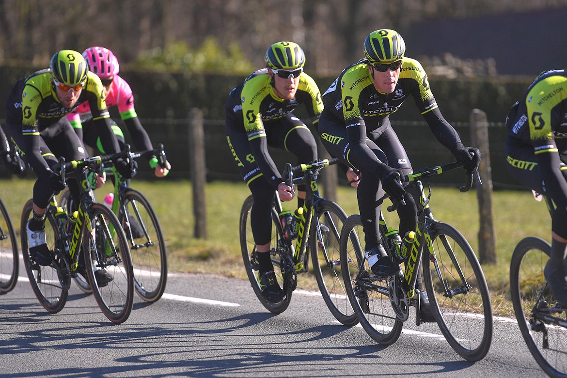 Mat Hayman surrounded by his Mitchelton-Scott teammates
