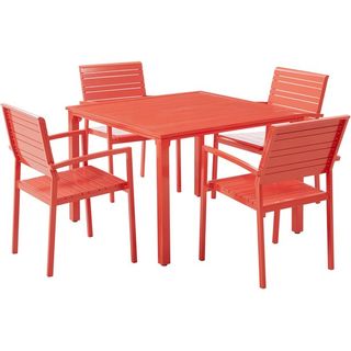 A red outdoor dining set