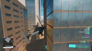 A helicopter flying through the side of a building.