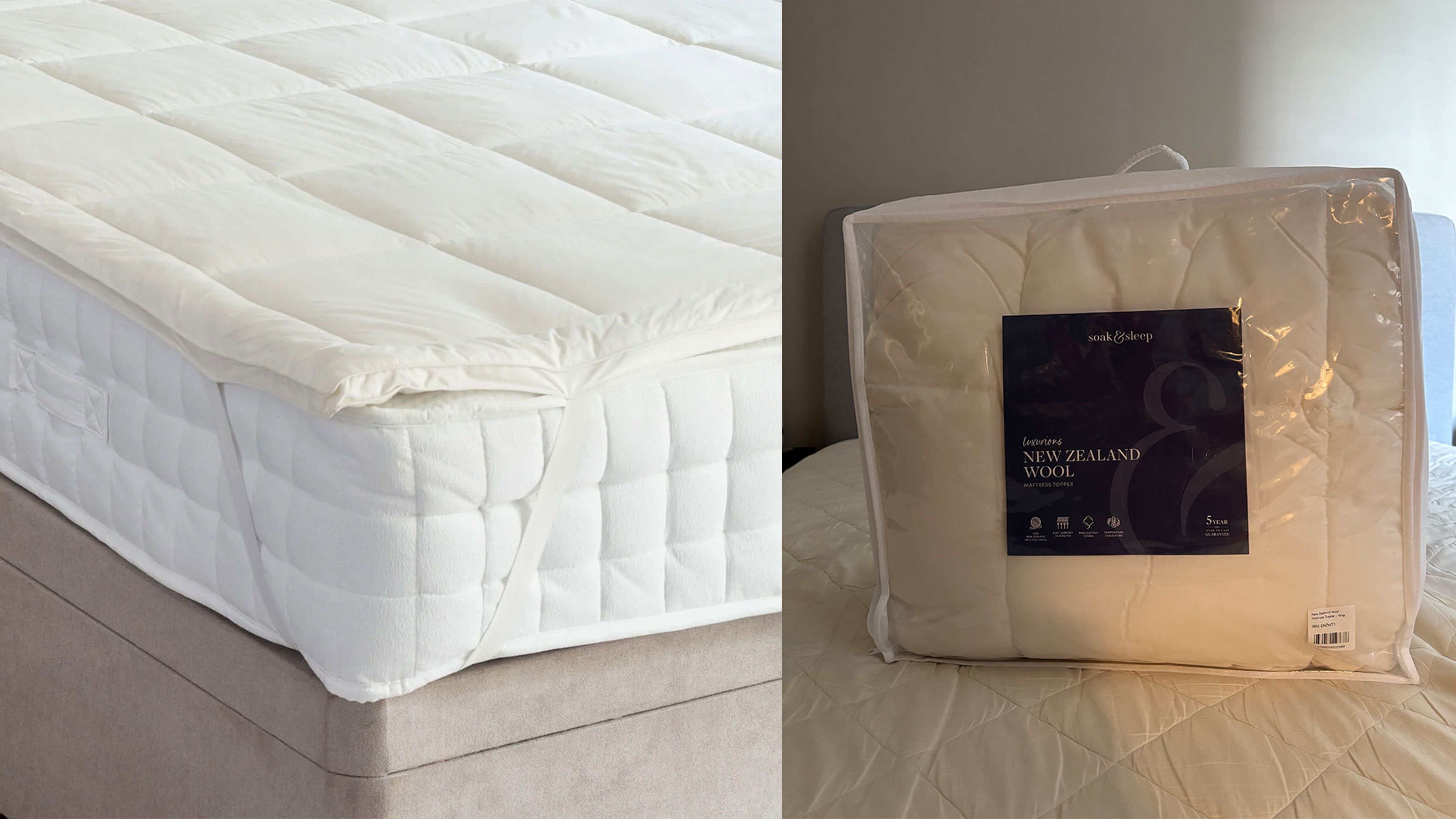 Mattress topper on a mattress on a grey bed with a mattress topper in a bag
