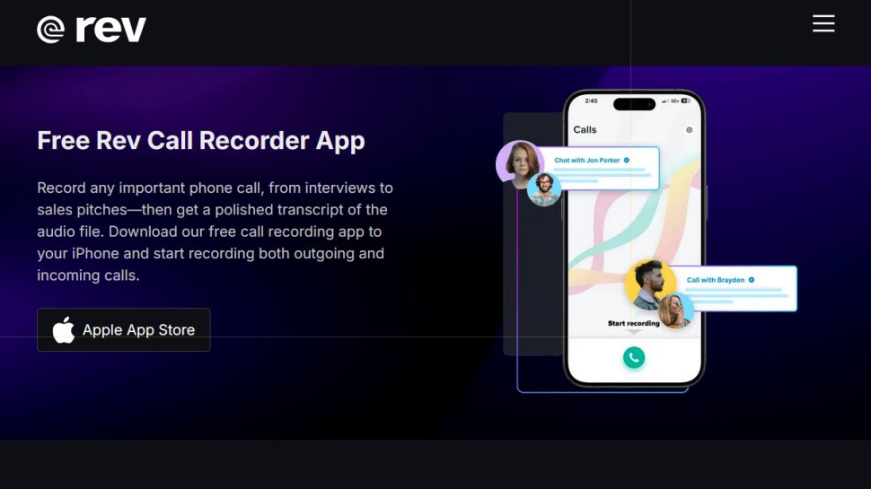 Rev Call Recorder website screenshot (July 2025).
