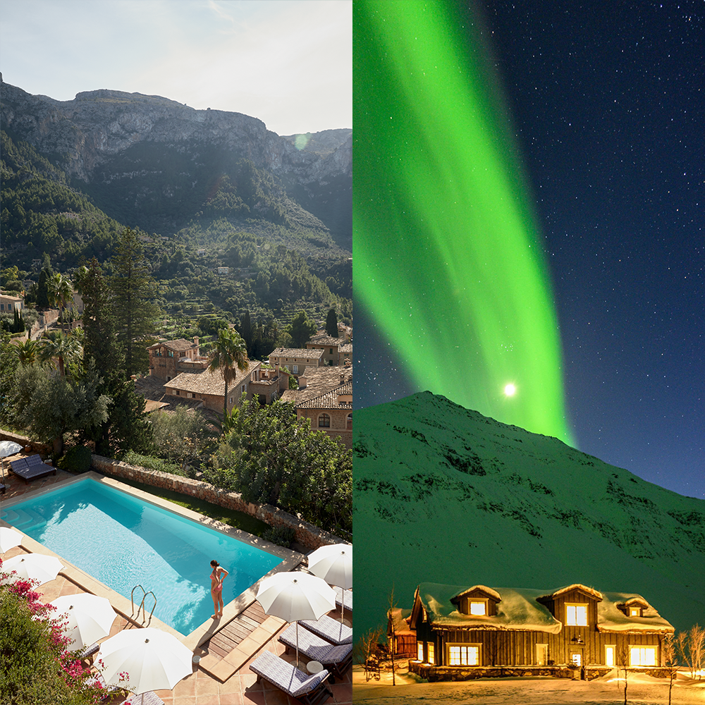 Image of La Residencia Belmond Hotel is Deia Mallorca, The Northern Lights above Eleven Delpar Farm in Iceland, A red ladder at Rockhouse Hotel in Jamaica, and Manshausen hotel with a rainbow in the background