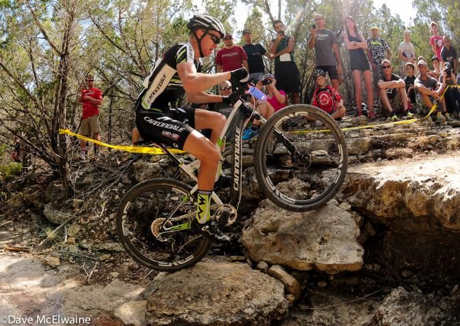 Max Plaxton (Cannondale Factory Racing) making easy work of this rocky climb