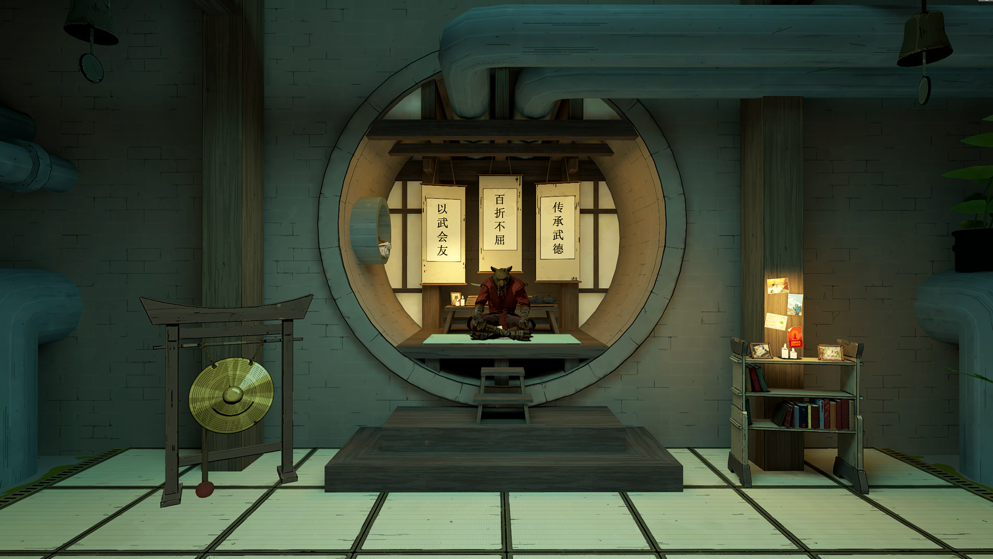 An official screenshot of TMNT: Empire City for the Meta Quest 3, showing Master Splinter in the Turtles' lair