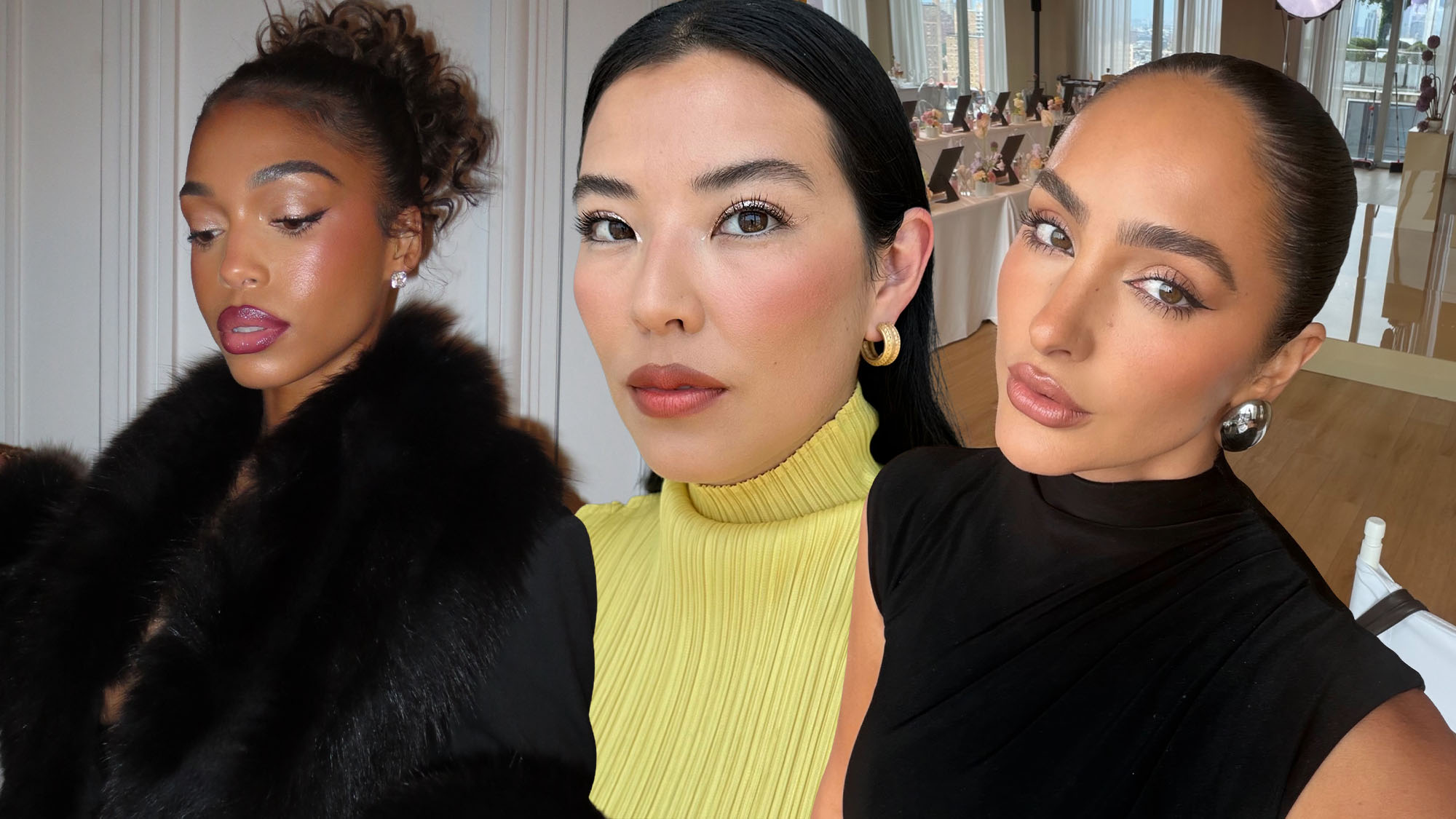 Photo collage of women wearing 2026 fall makeup trends 